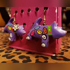 Vtg 80s purple pop art upcycled kitschy wooden folk art dog earrings NWT